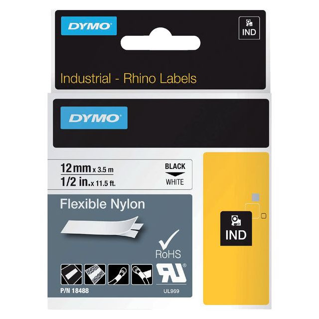 Dymo RHINO flexibele nylontape 12 mm, zwart op wit