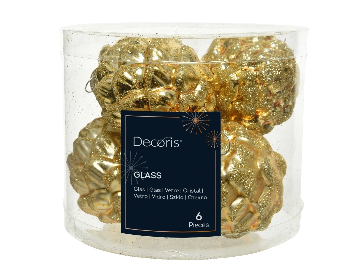 Decoris Kerstballen glas dennenappel 6st licht goud 5x7cm