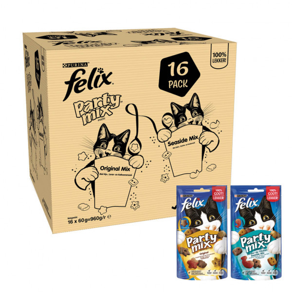 Felix Party Mix Original / Seaside kattensnoep 2 x (16 x 60 g)