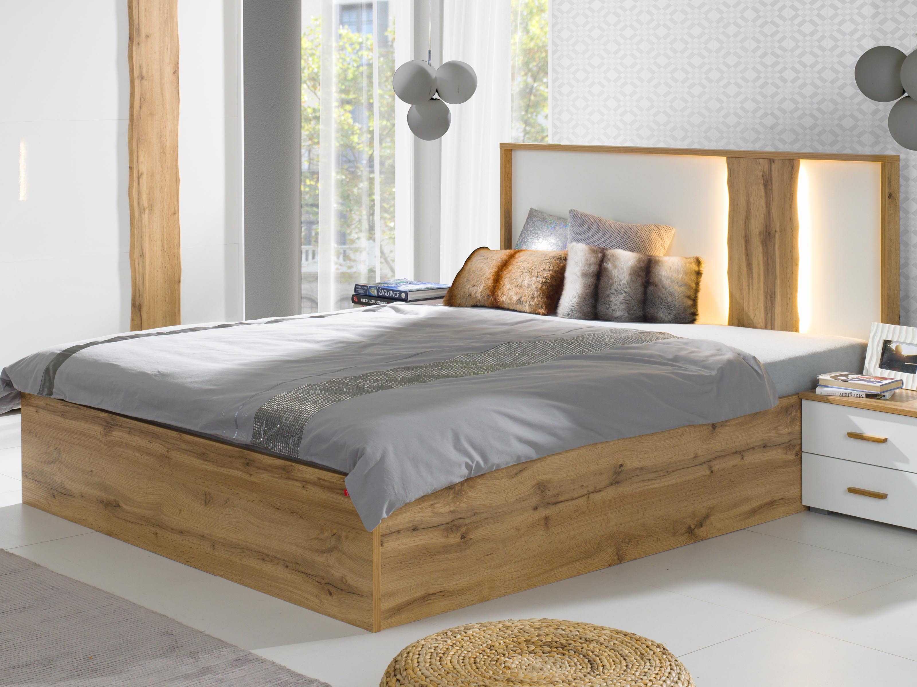 Tweepersoonsbed WOLFPA 160x200 cm hoogglans wit/wotan eik