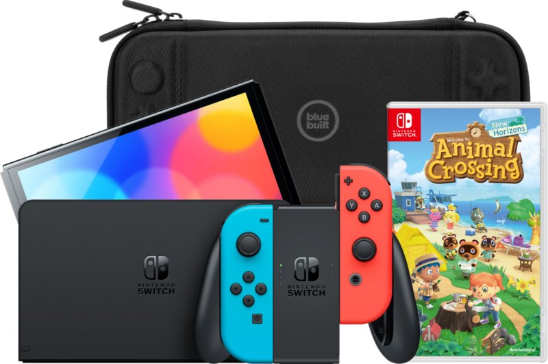 Nintendo Switch OLED Blauw/Rood + Animal Crossing New Horizons + BlueBuilt Beschermhoes