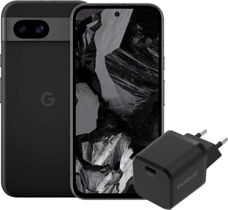 Google Pixel 8a 128GB Zwart 5G + BlueBuilt Oplader met Usb C Poort 30W Zwart