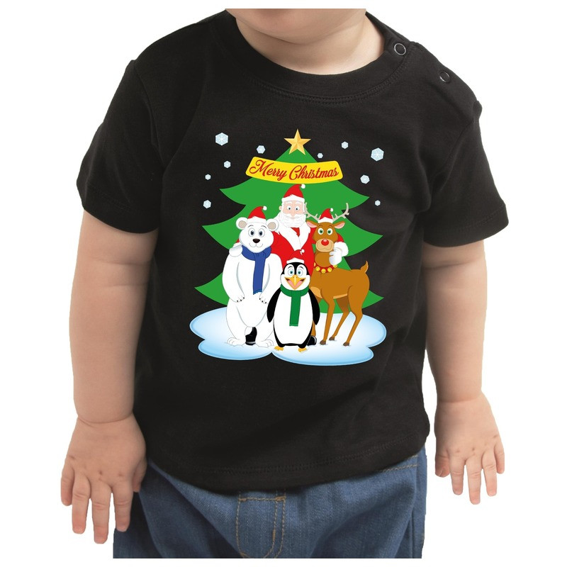 Kerstshirt Santa en dierenvriendjes zwart peuter jongen/meisje