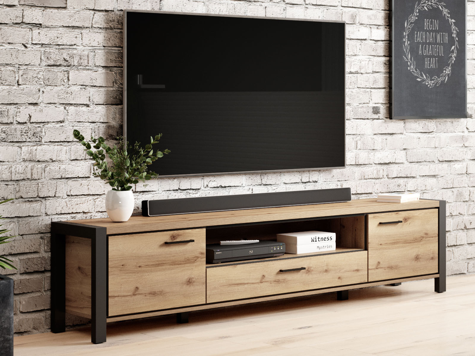 Tv-meubel ATIK 2 deuren 1 lade 210 cm mat zwart/taurus eik