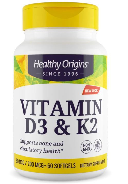 Vitamin D3 & K2, 50mcg/200mcg, 60 Softgels, Healthy Origins