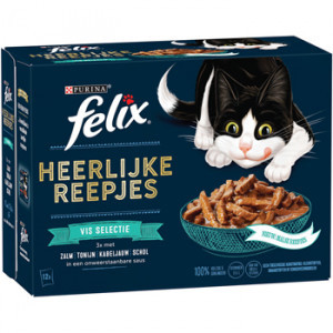 Felix Heerlijke Reepjes Vis Selectie met zalm, tonijn, kabeljauw, schol in saus natvoer kat 48 x 80 gVis selectie + 48 x 80 gFarm selectie