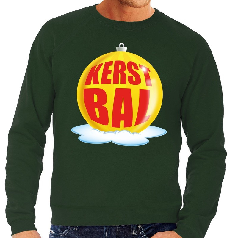 Foute kersttrui kerstbal geel op groene sweater voor heren