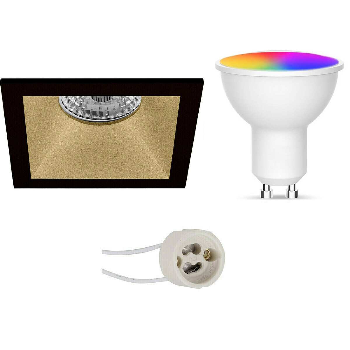 LED Spot Set GU10 - Facto - Smart LED - Wifi LED - Slimme LED - 5W - RGB+CCT - Aanpasbare Kleur - Dimbaar - Pragmi Pollon Pro - Inbouw Vierkant - Mat Zwart/Goud - Verdiept - 82mm