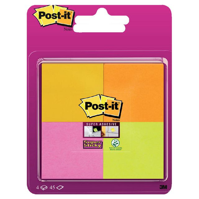 Post-It Super Sticky notes, 45 vel, ft 47,6 x 47,6 mm, blister van 4 blokken in geassorteerde kleuren