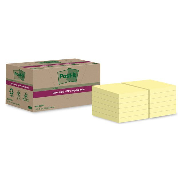 Post-it Super Sticky Notes Recycled, 70 vel, ft 47,6 x 47,6 mm, geel, pak van 12 blokken