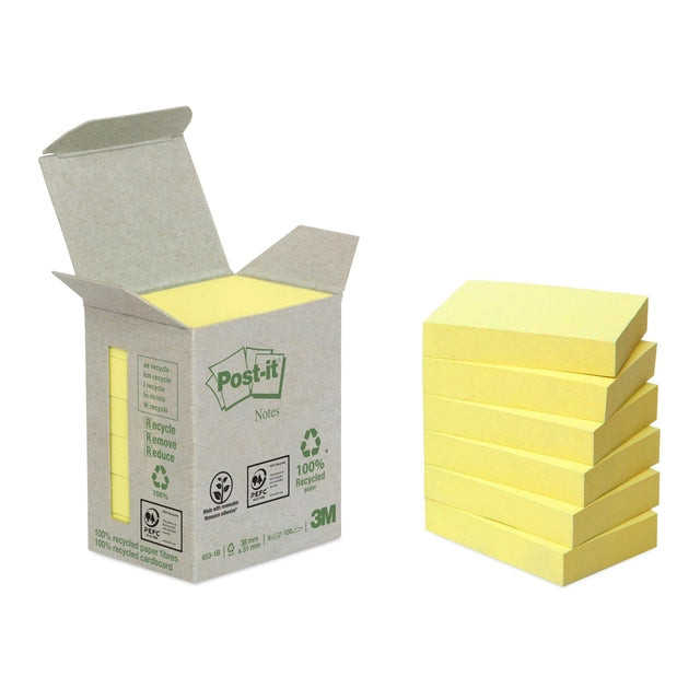 Post-it Recycled notes, 100 vel, ft 38 x 51 mm, geel, pak van 6 blokken