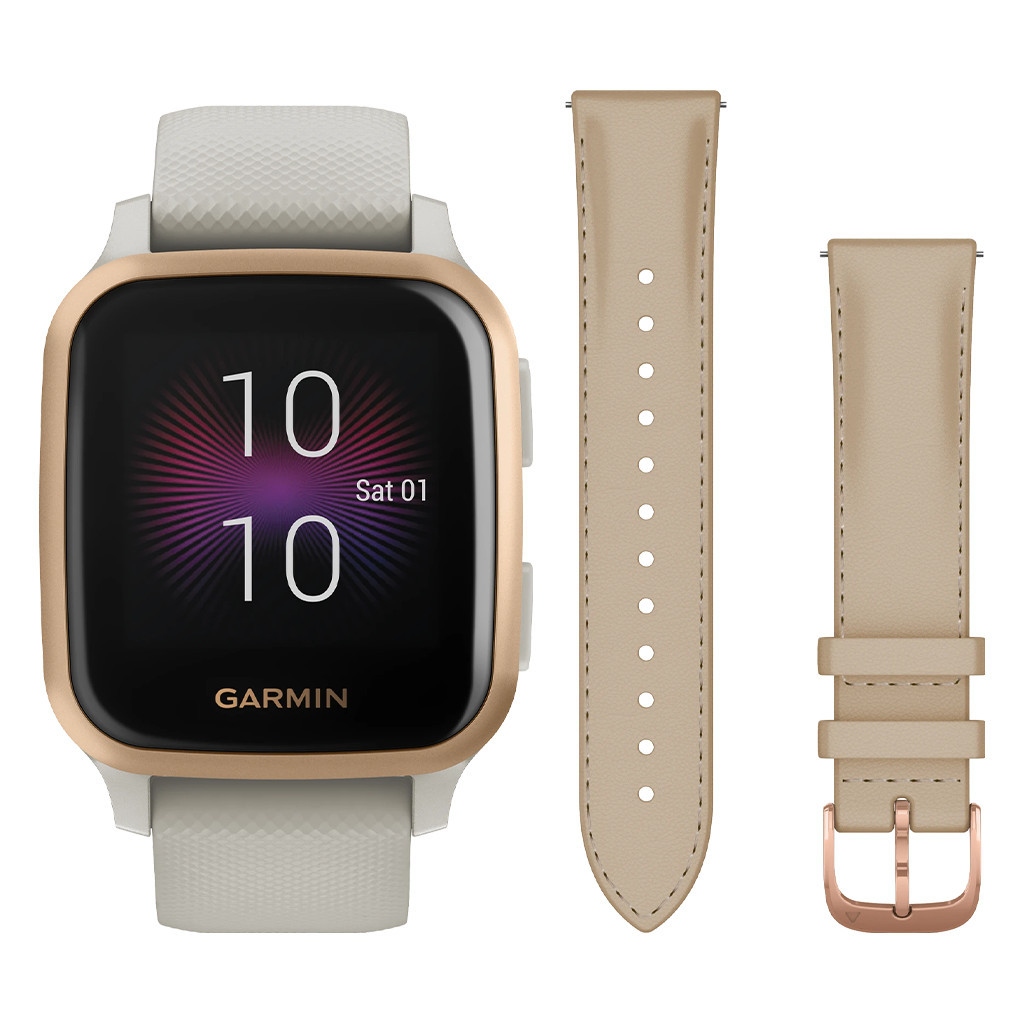 Garmin Venu Sq Music Beige/Rosé Goud + Garmin Leren Bandje Crème