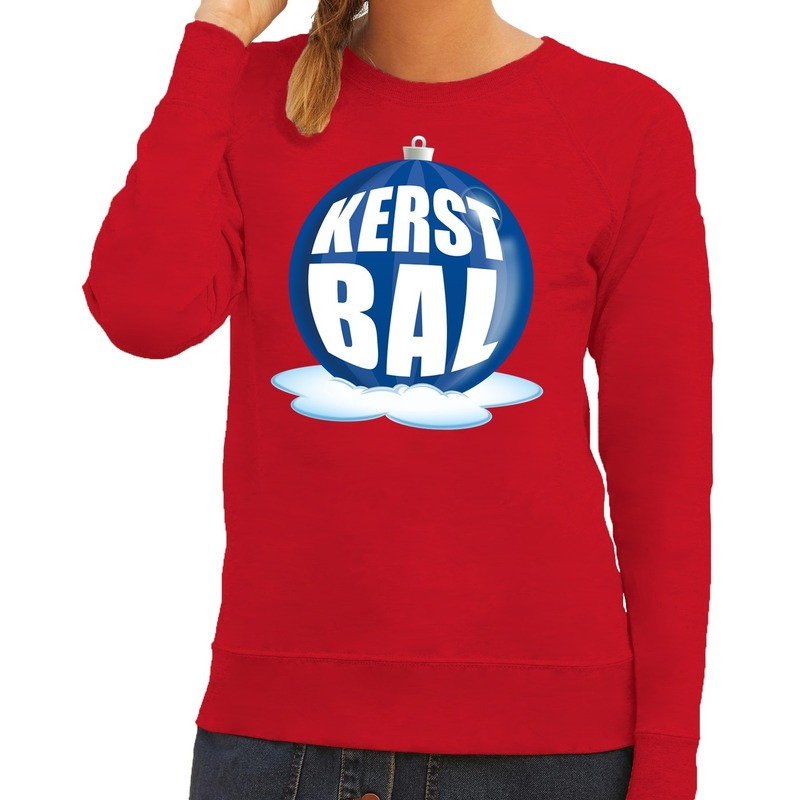 Foute kersttrui kerstbal blauw op rode sweater voor dames