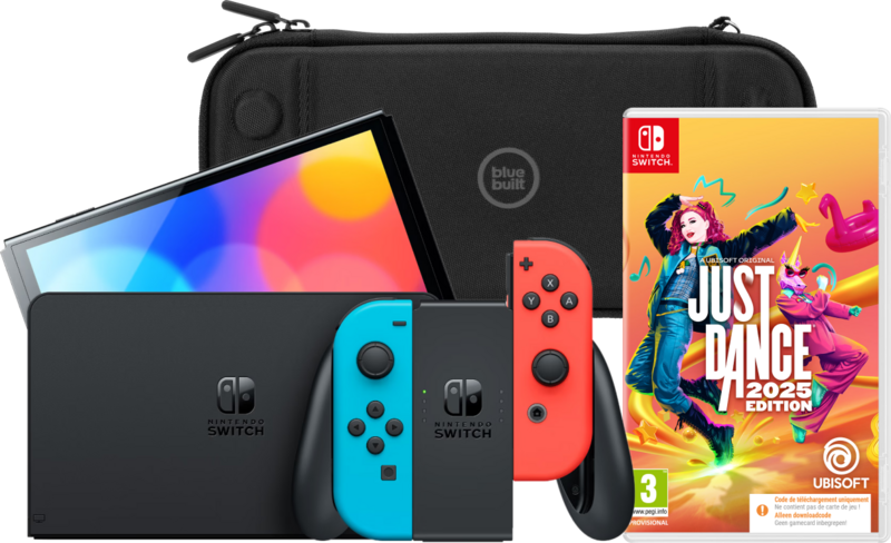 Nintendo Switch OLED Blauw/Rood + Just Dance 2025 + BlueBuilt Beschermhoes