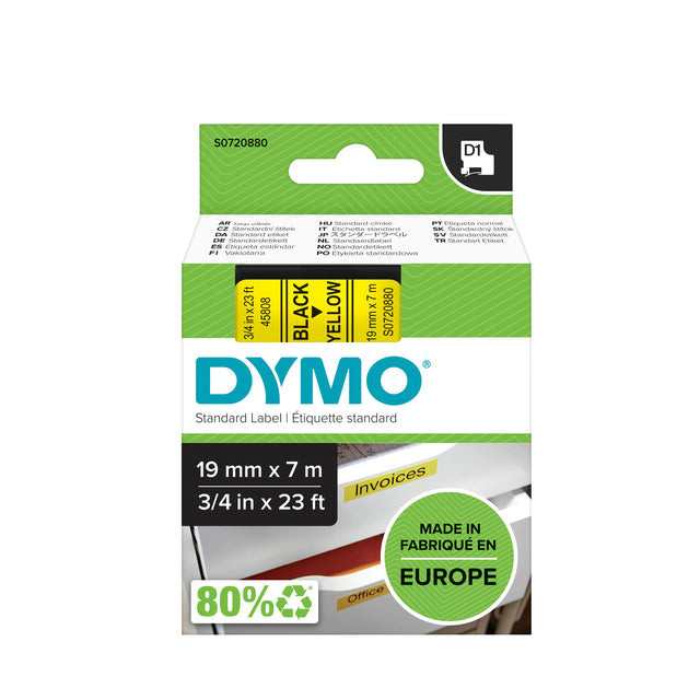 Dymo D1 tape 19 mm, zwart op geel