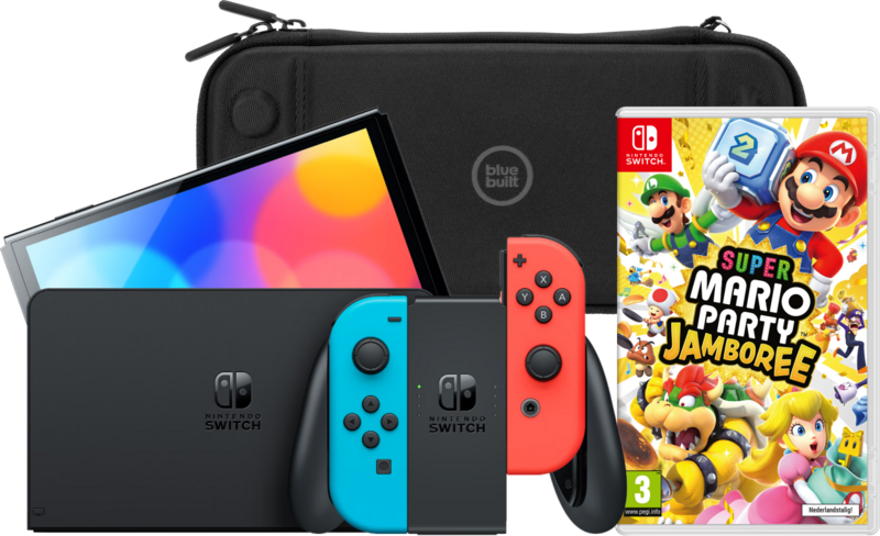 Nintendo Switch OLED Blauw/Rood + Mario Party Jamboree + BlueBuilt Beschermhoes