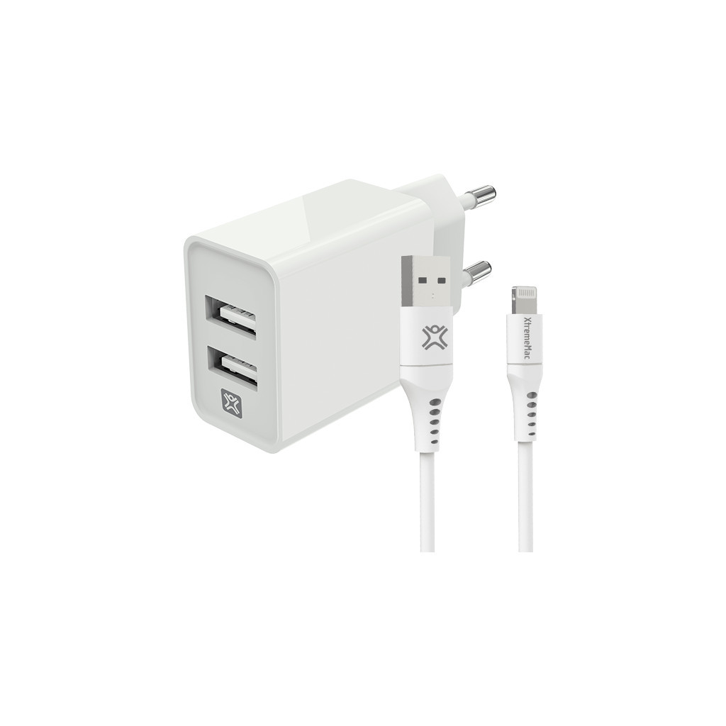 XtremeMac Oplader met 2 Usb A Poorten 12W + Lightning Kabel 2m Kunststof Wit