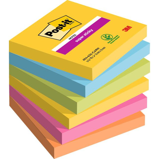 Post-it Super Sticky notes Carnival, 90 vel, ft 76 x 76 mm, pak van 6 blokken