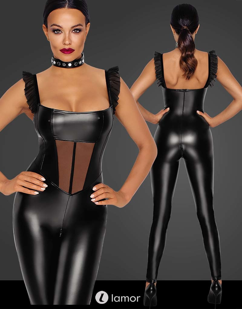 * NOIR handmade Wetlook catsuit met Tule inzet -F256