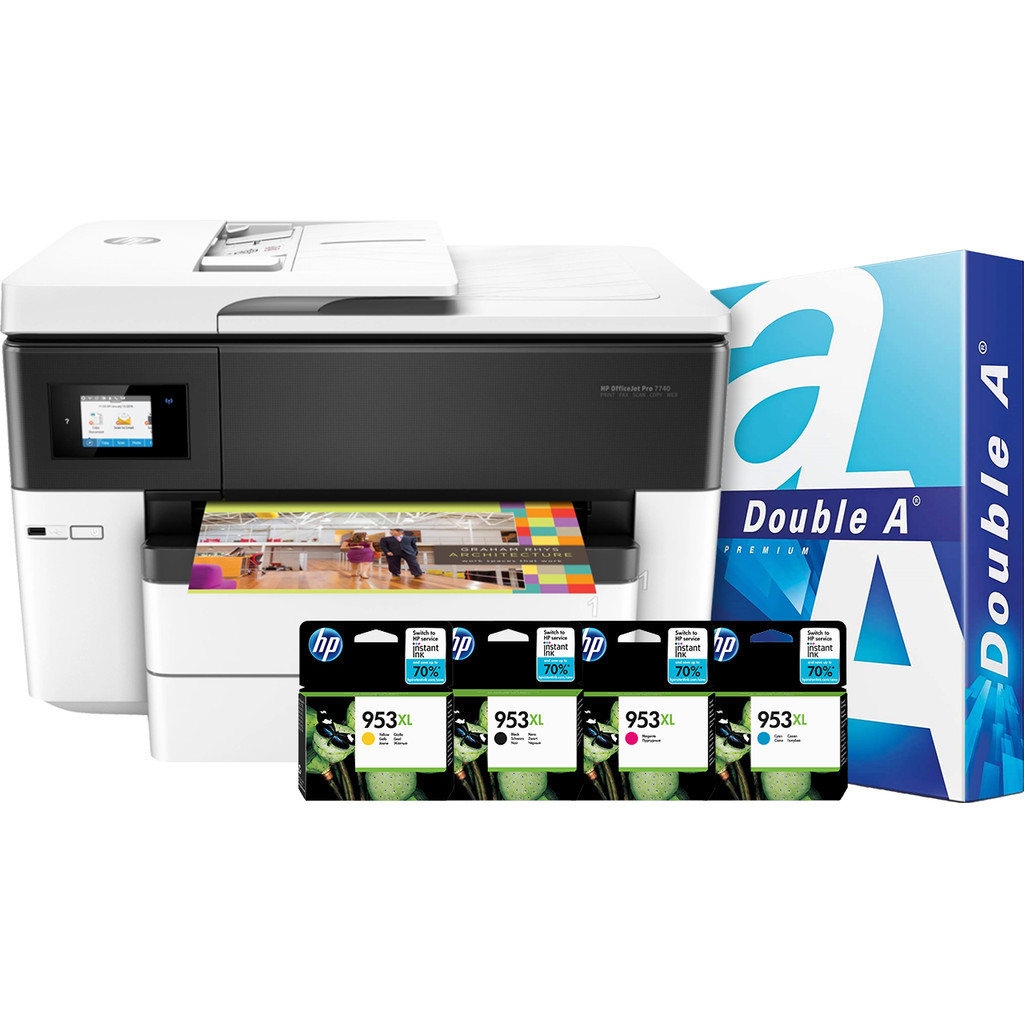 HP Officejet 7740 + 1 set extra inkt + 500 vellen A4 papier