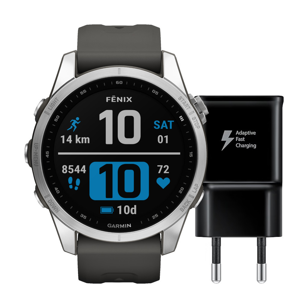 Garmin Fenix 7S Zilver/Grijs 42mm + Samsung Adaptive Fast Charging Oplader met Usb A Poort