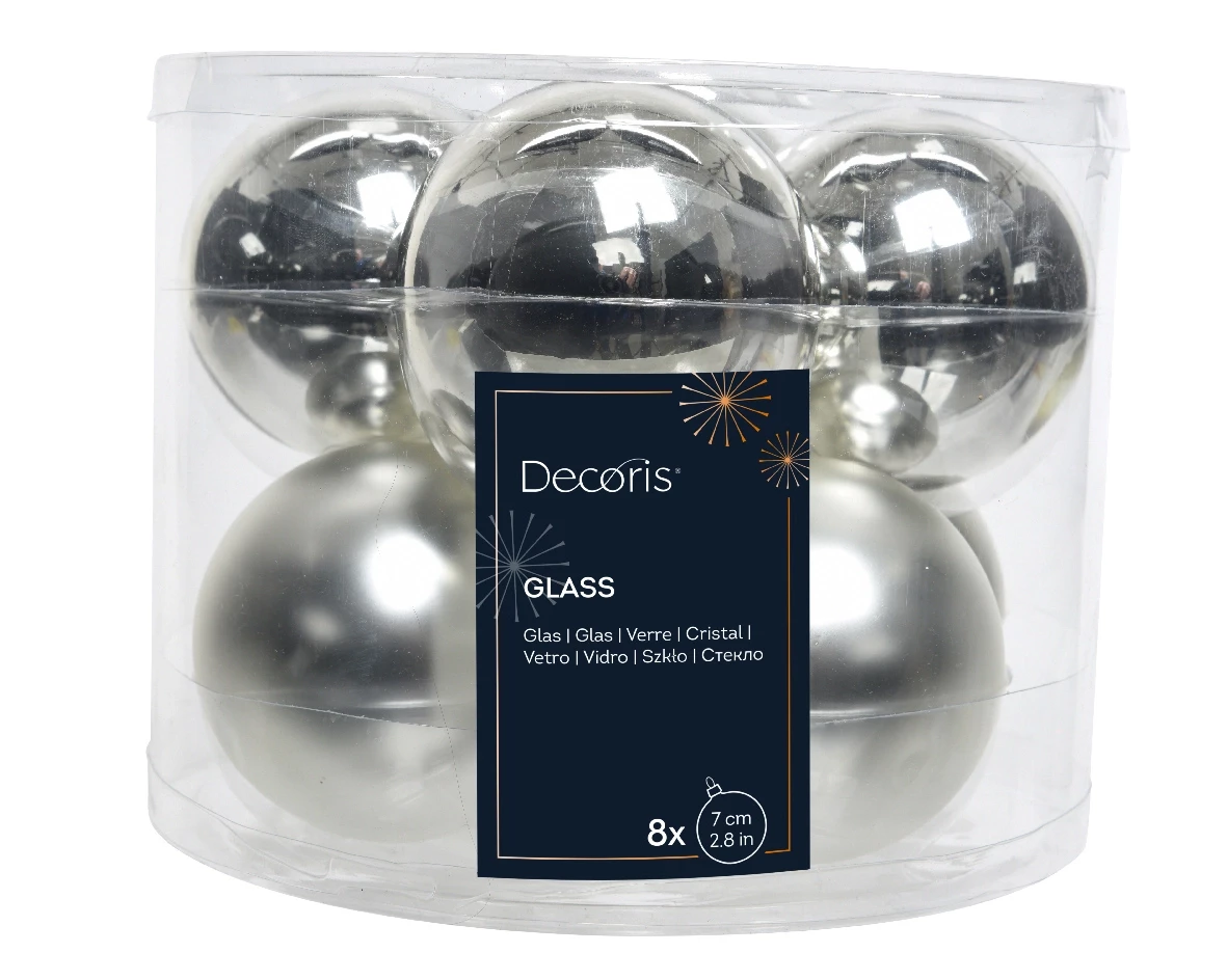 Decoris kerstballen Glas 8st zilver 7cm