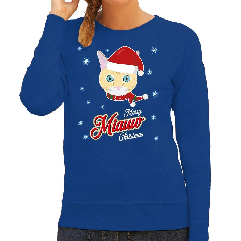 Foute Kersttrui Merry Miauw Christmas Kerst kat blauw voor dames