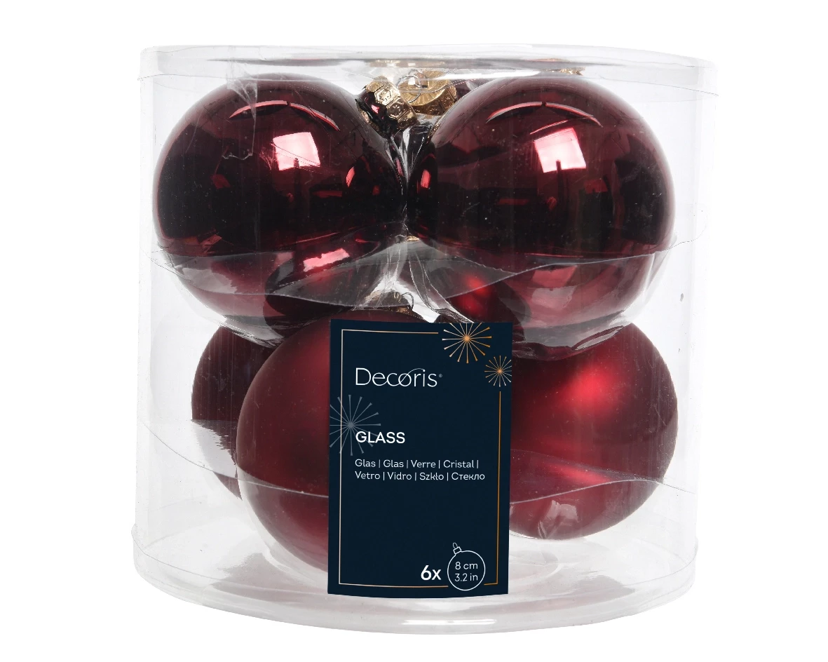 Decoris kerstballen Glas 6st Ossenbloed 8cm