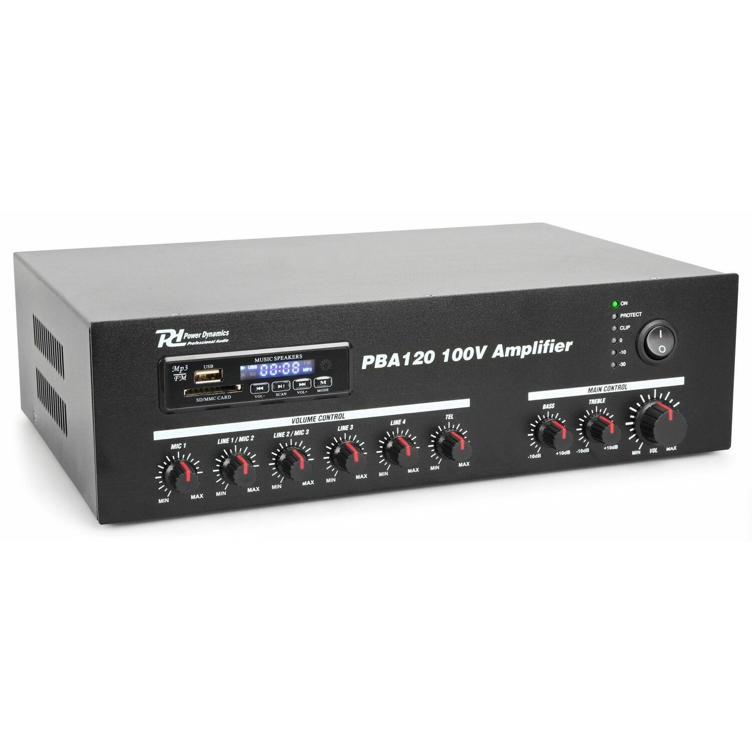 Power Dynamics PBA120 100V versterker 120W met mp3 speler, tuner en