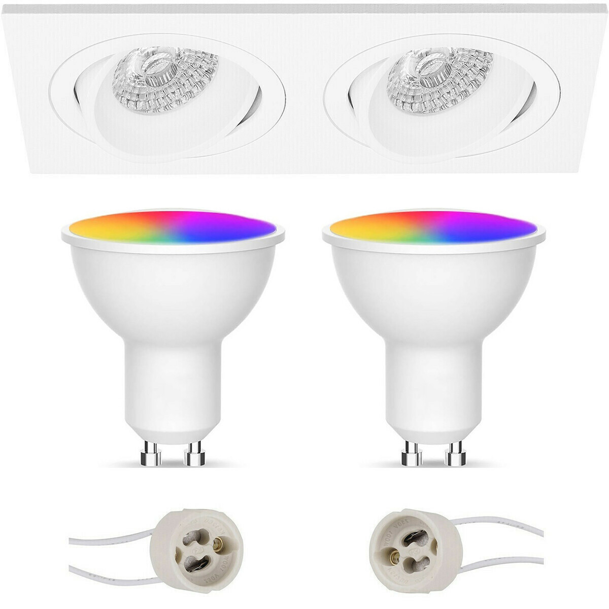 LED Spot Set GU10 - Facto - Smart LED - Wifi LED - Slimme LED - 5W - RGB+CCT - Aanpasbare Kleur - Dimbaar - Pragmi Borny Pro - Inbouw Rechthoek Dubbel - Mat Wit - Kantelbaar - 175x92mm