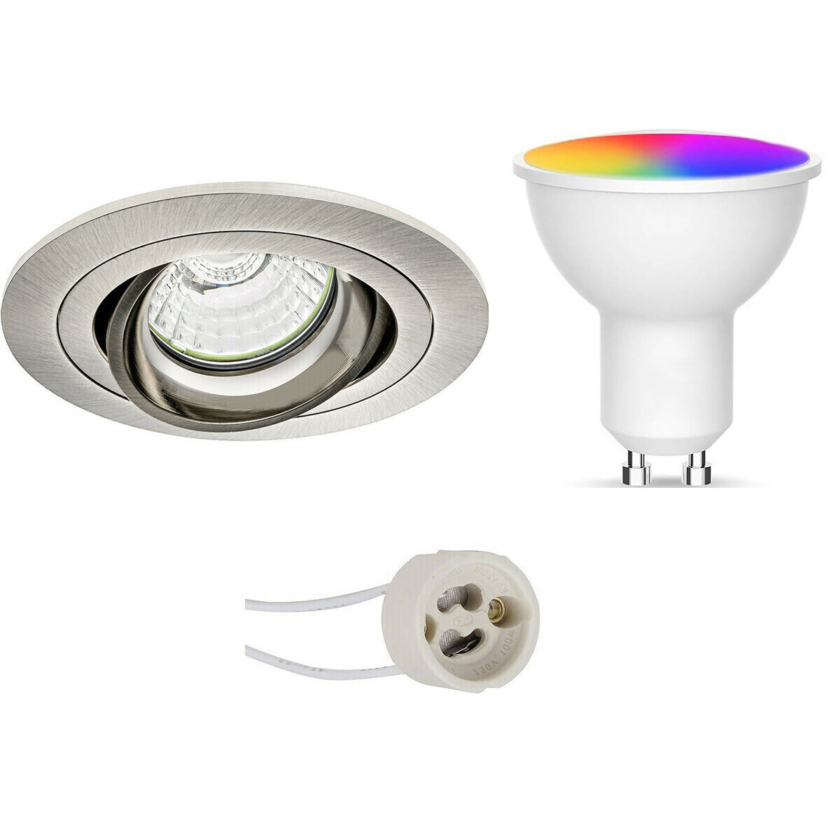 LED Spot Set GU10 - Facto - Smart LED - Wifi LED - Slimme LED - 5W - RGB+CCT - Aanpasbare Kleur - Dimbaar - Pragmi Alpin Pro - Inbouw Rond - Mat Nikkel - Kantelbaar - Ø92mm