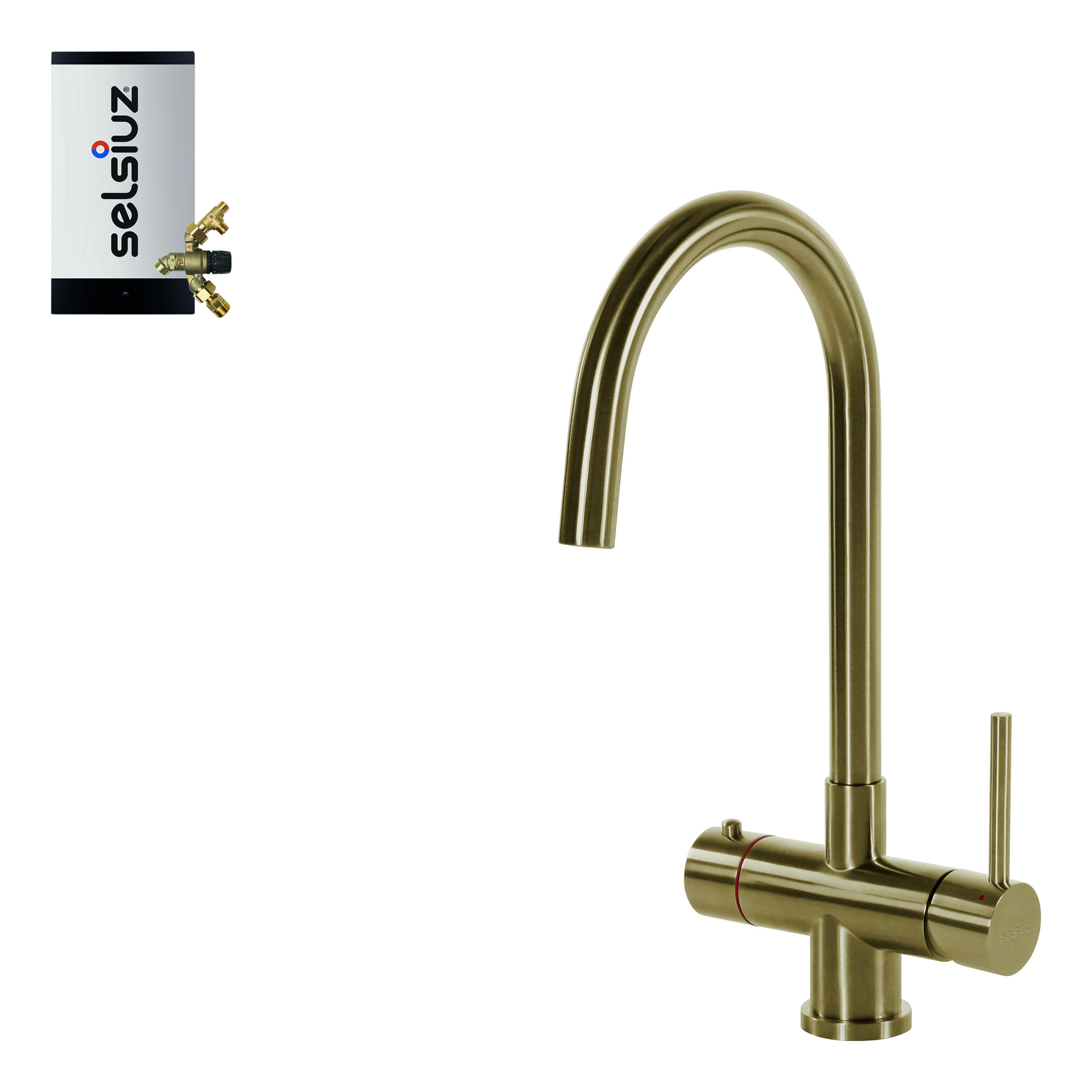 Selsiuz Inox kokend water kraan met combi extra boiler en C-uitloopkraan gold