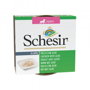 Schesir Puppy kip met aloë (jelly) natvoer hond (blikjes 150 g) 2 trays (20 x 150 g)