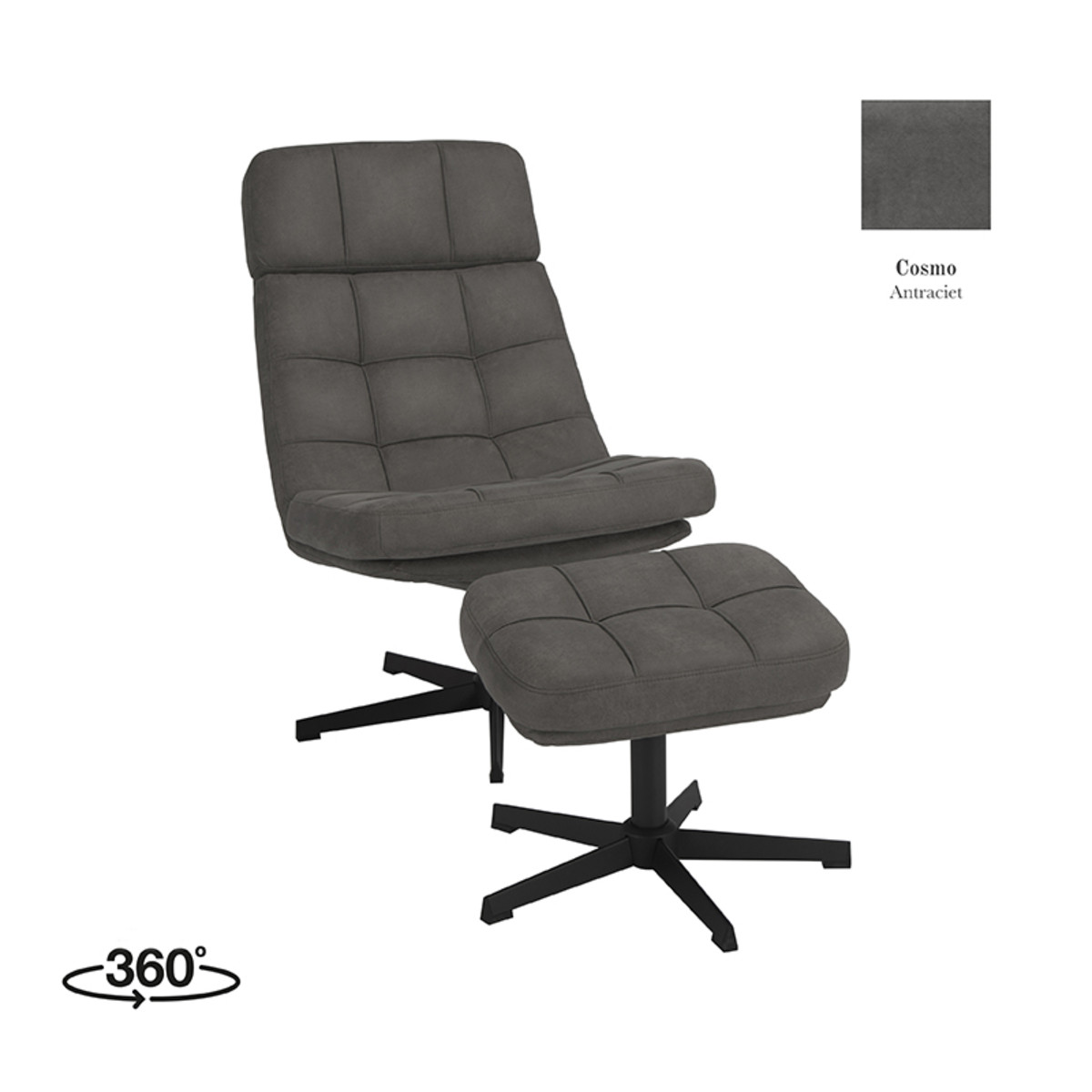 LABEL51 Fauteuil Alvar - Antraciet - Cosmo - Incl. Hocker