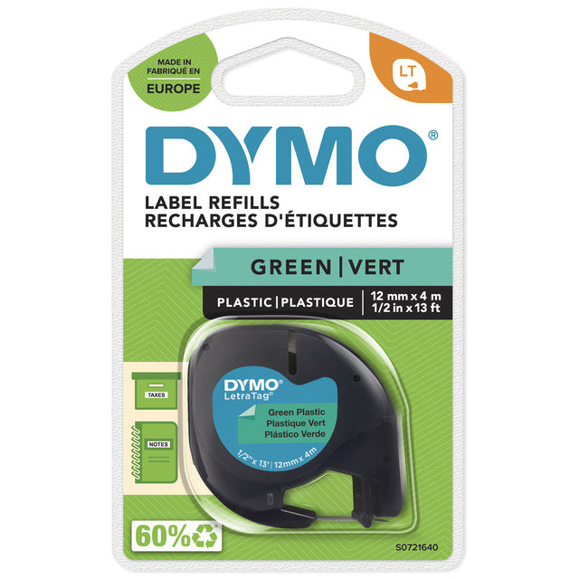 Labeltape Dymo Letratag 91204 plastic 12mm zwart op groen | 1 stuk