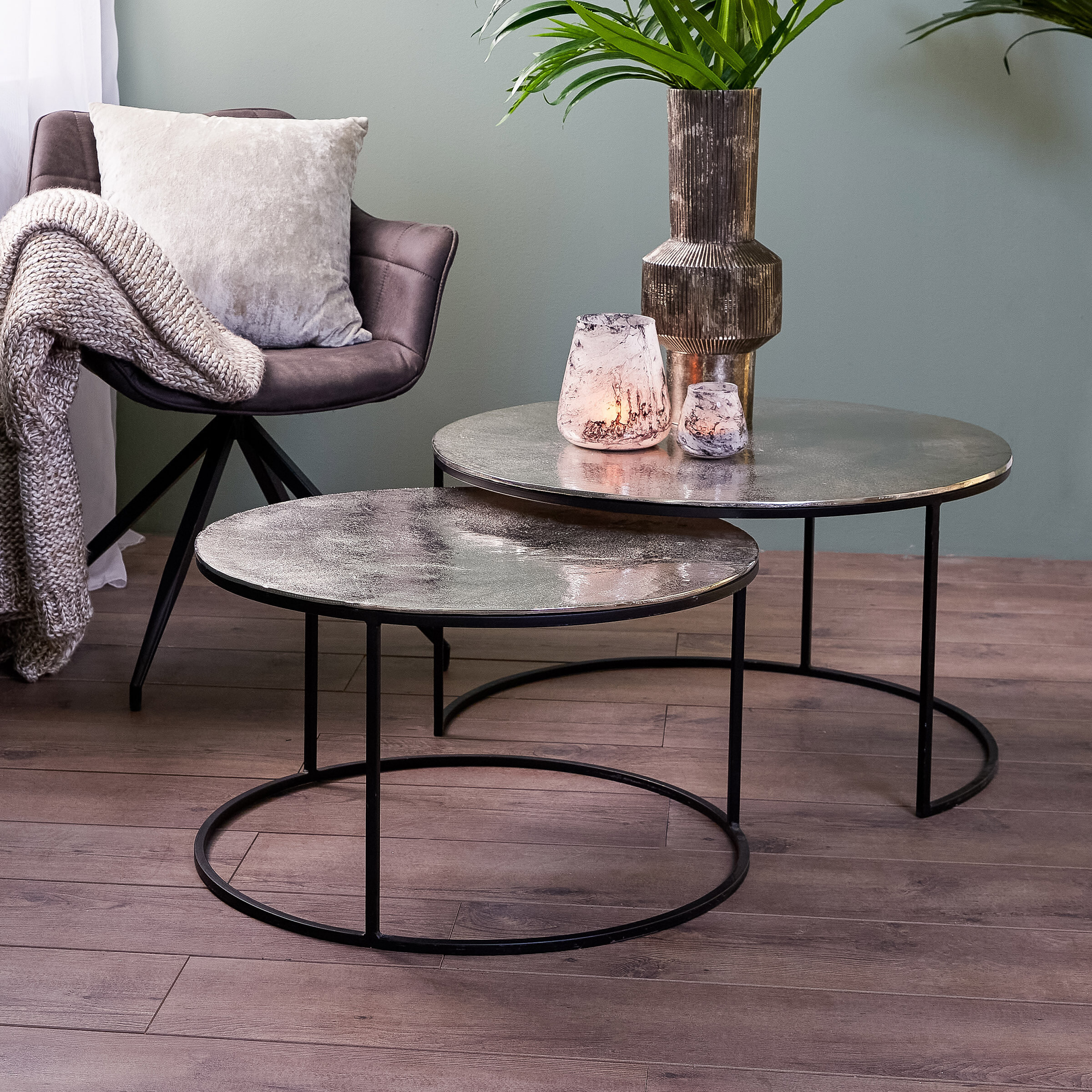 Light & Living Salontafel Thizas Set van 2 stuks, ruw nikkel-mat zwart - Zilver - Rond