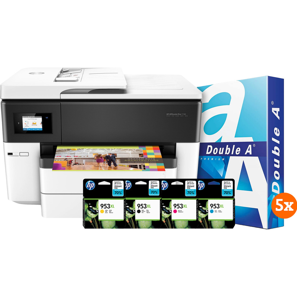 HP Officejet 7740 + 1 set extra inkt + 2500 vellen A4 papier