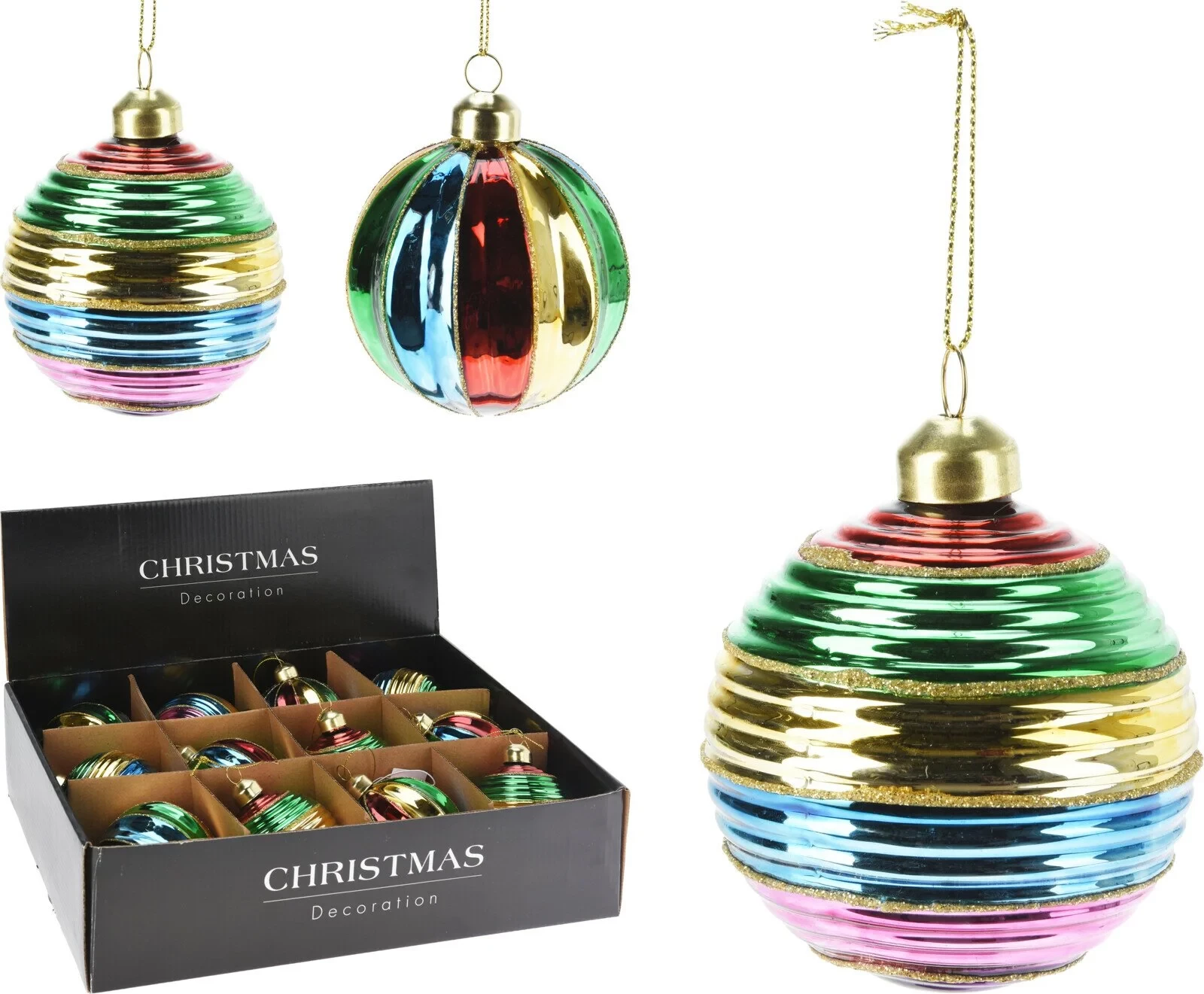 KERSTBAL GLAS 8CM regenboog kleuren