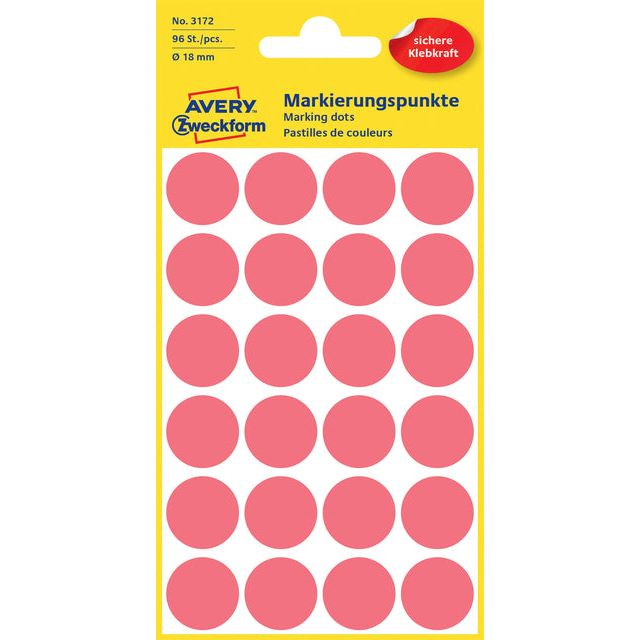 Etiket Avery Zweckform 3172 rond 18mm lichtrood 96stuks | Pak a 4 vel