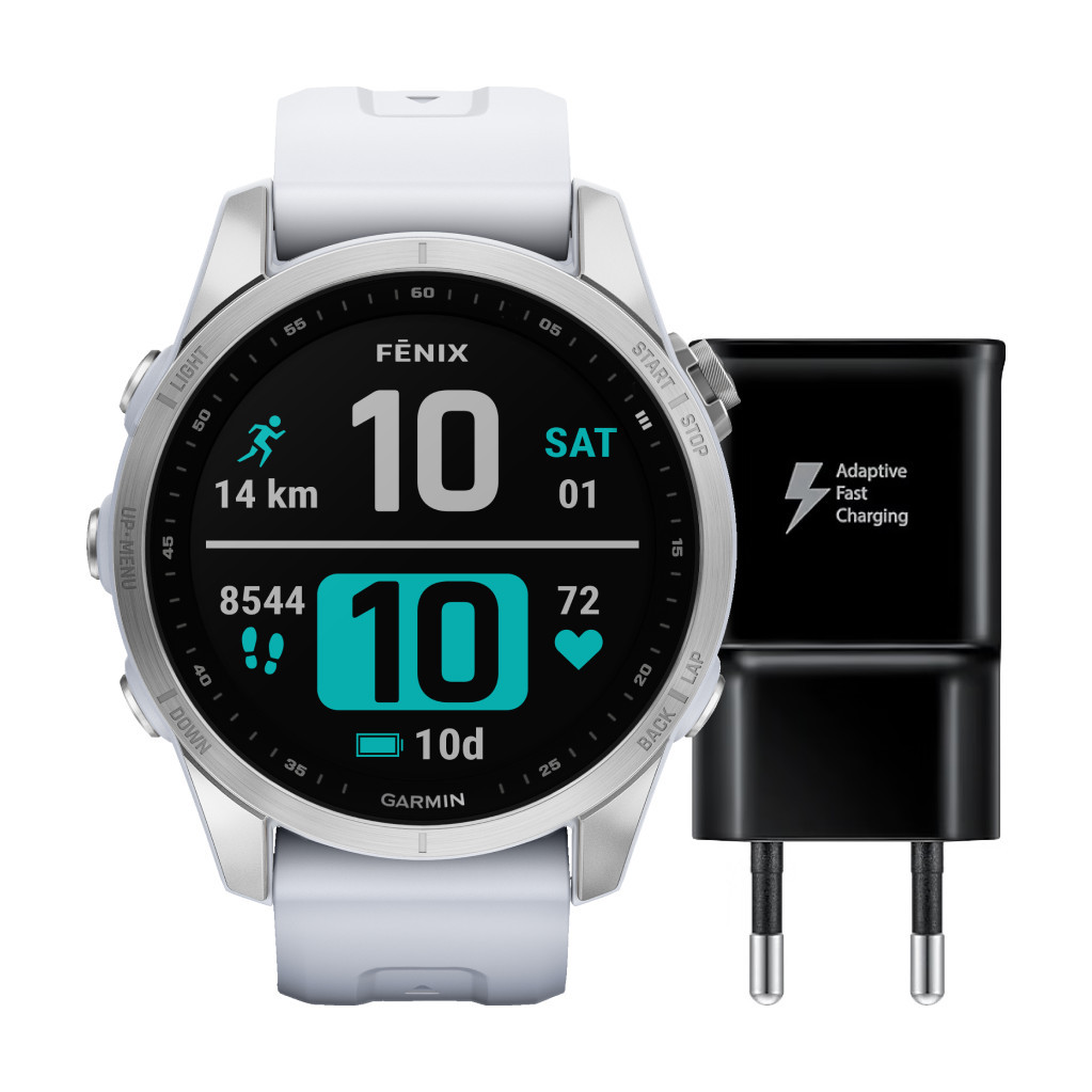 Garmin Fenix 7S Zilver/Wit 42mm + Samsung Adaptive Fast Charging Oplader met Usb A Poort