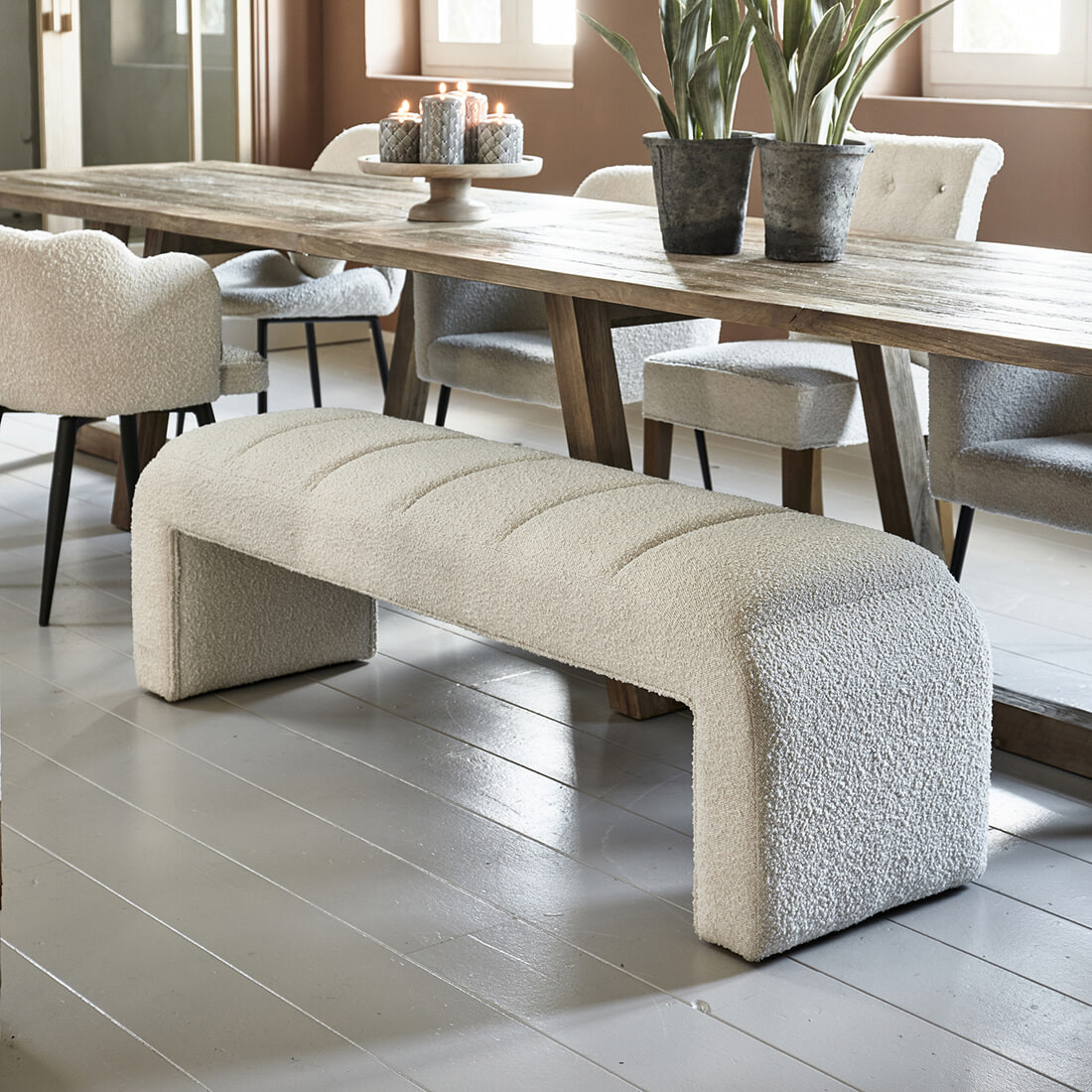 Rivièra Maison Eetkamerbank Brera Bouclé, 160cm - White Sand