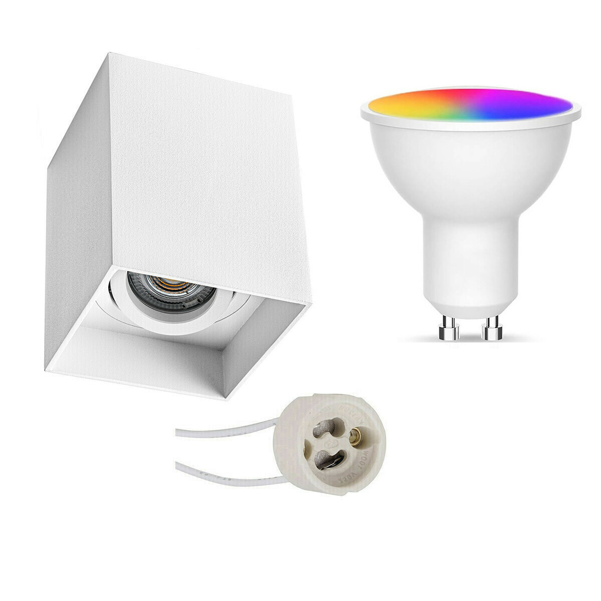 Opbouwspot Set GU10 - Facto - Smart LED - Wifi LED - Slimme LED - 5W - RGB+CCT - Aanpasbare Kleur - Dimbaar - Pragmi Luxina Pro - Opbouw Vierkant - Mat Wit - Verdiept - Kantelbaar - 90mm