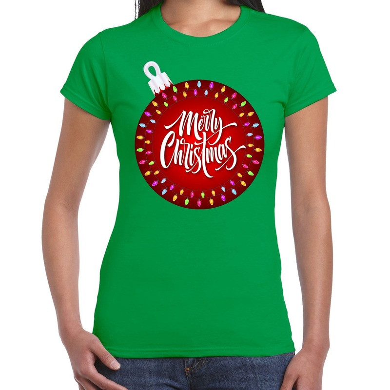 Fout kerst shirt kerstbal merry christmas groen voor dames