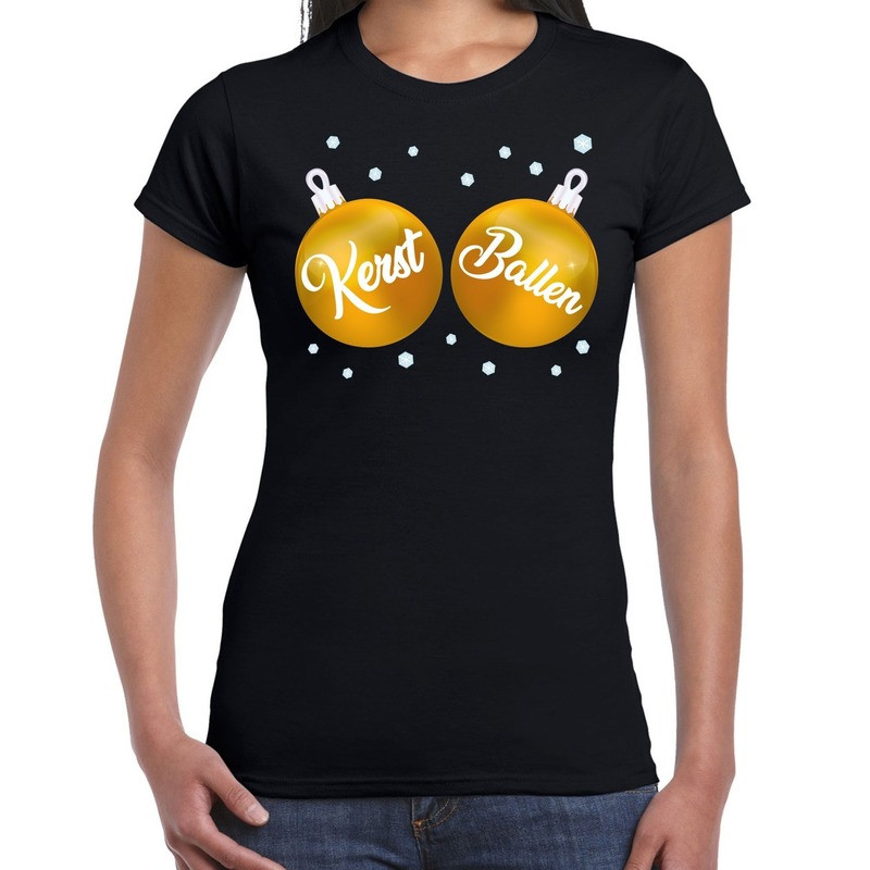 Fout kerst t-shirt zwart met gouden kerst ballen voor dames