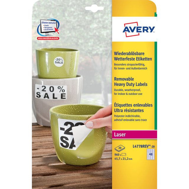 Avery afneembare weerbestendige etiketten Ft 45,7 x 21,2 mm (b x h), wit, doos van 960 etiketten