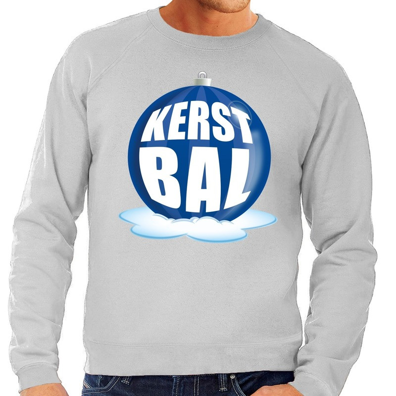 Foute kersttrui kerstbal blauw op grijze sweater voor heren