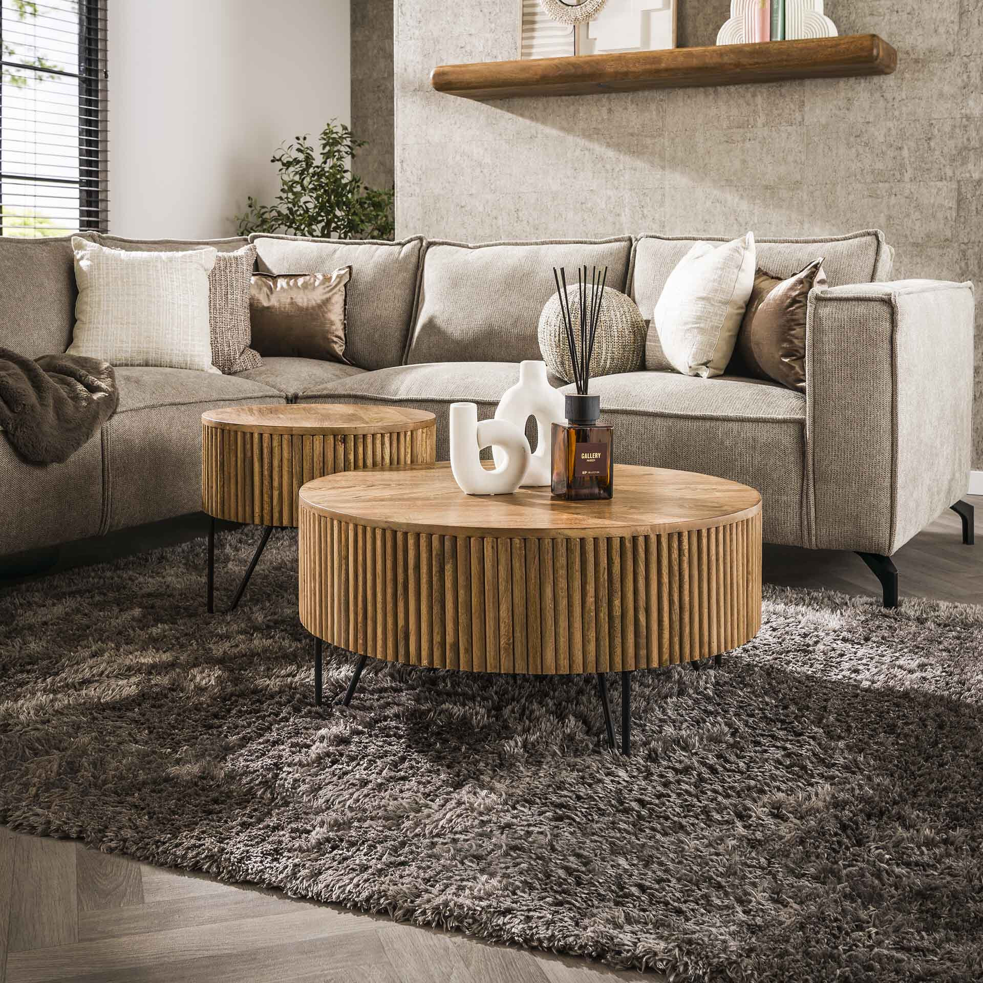 LifestyleFurn Ronde Salontafel Gus Mangohout, Set van 2 stuks - Massief mango zandkleur