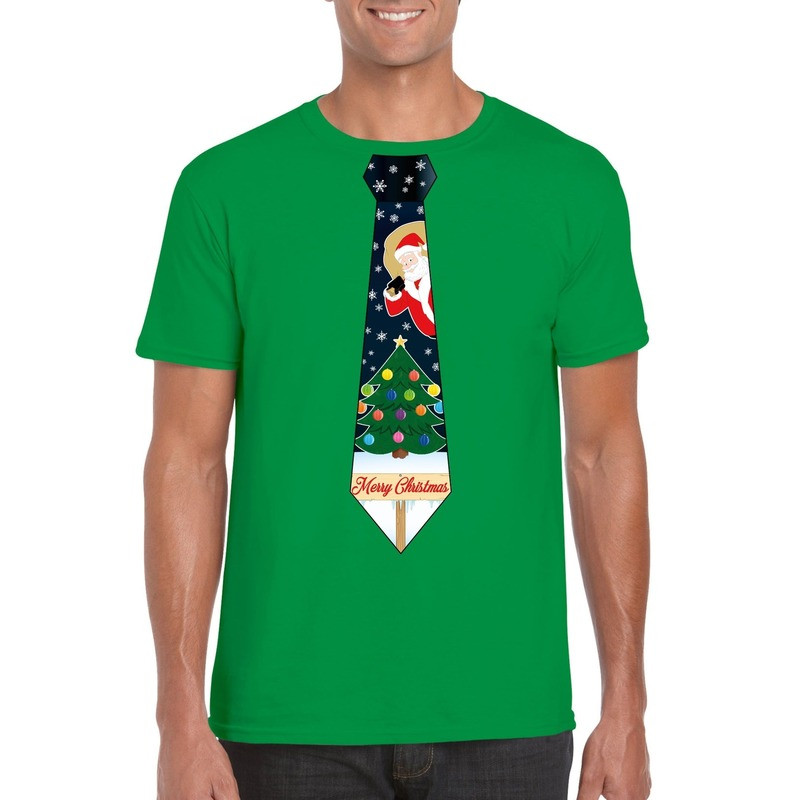 Fout kerst t-shirt groen met kerstboom stropdas voor heren