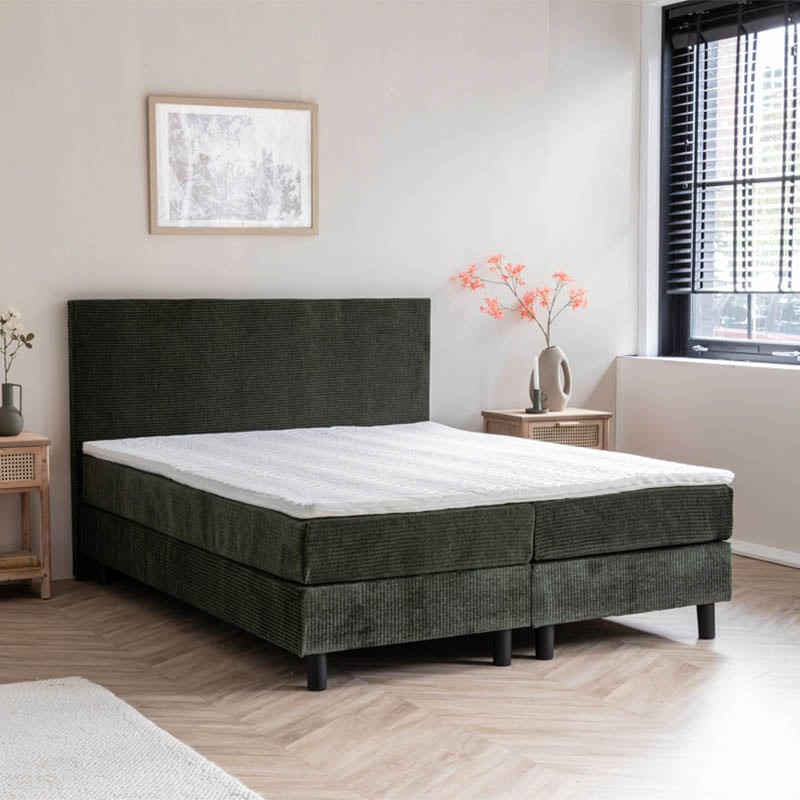 2-Persoons Boxspring Julia Rib - Olijfgroen - 180 x 200 cm - Groen 180x200 cm - Pocketvering - Inclusief Topper - Dekbed-Discounter.nl