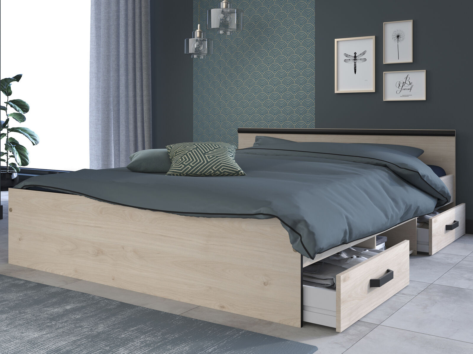 Bed NASHLEY 140x190 cm eik artisanaal/zwart